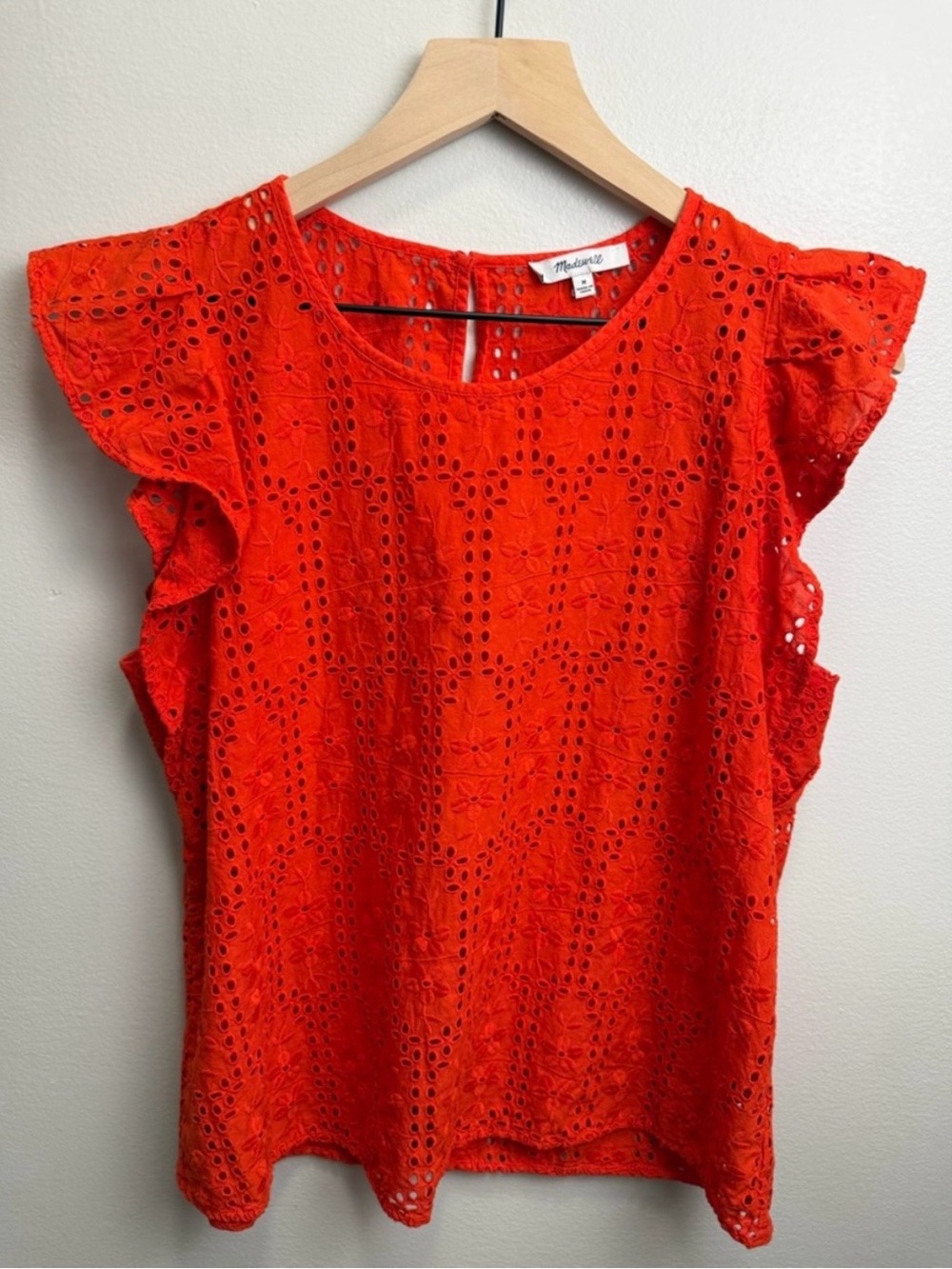 Madewell Orange Eyelet Flutter Sleeve Cotton Blouse Medium - Picture 5 of 9
